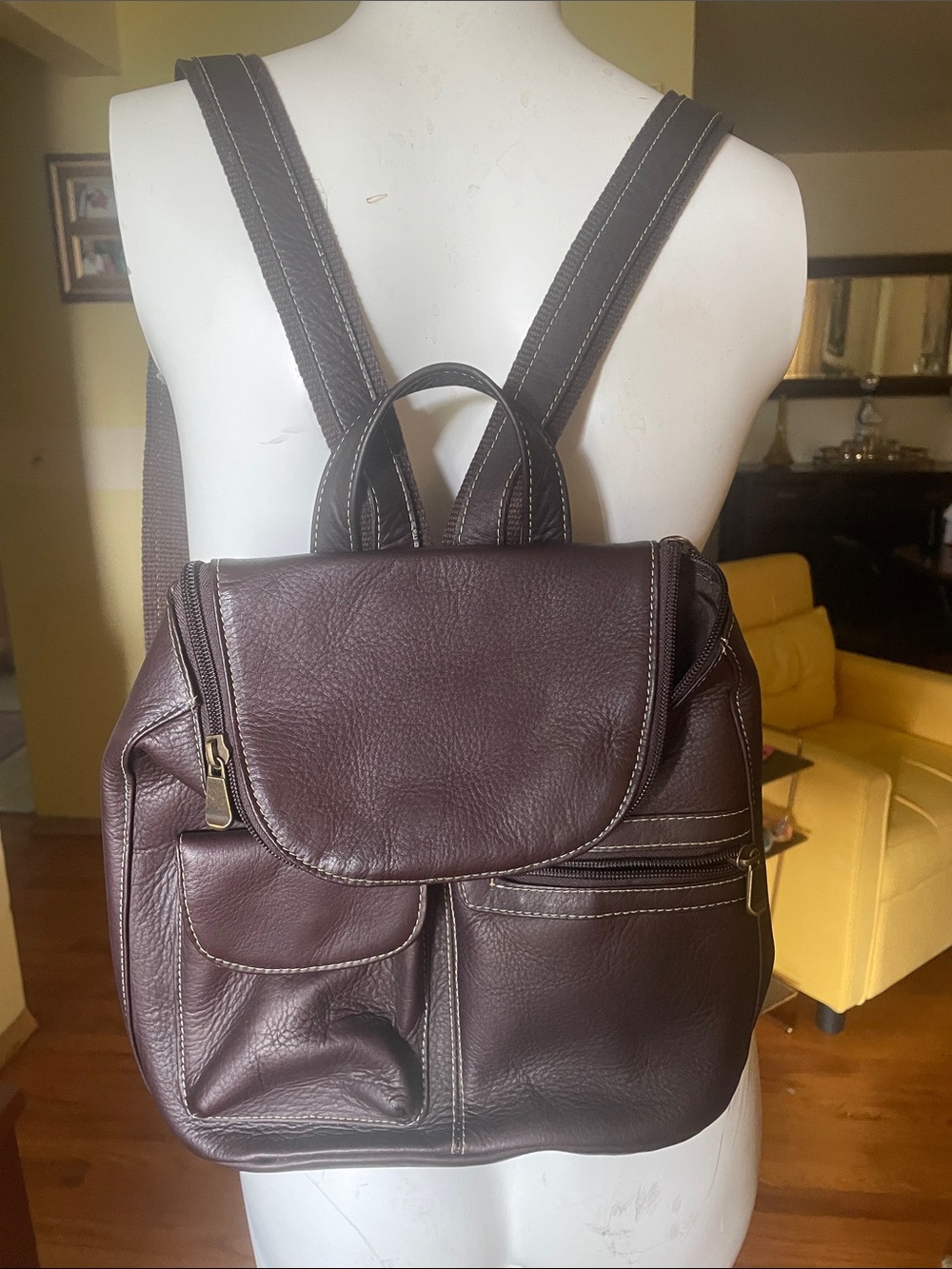 Le Donne Vintage Leather Backpack Purse Brown with White Stitching